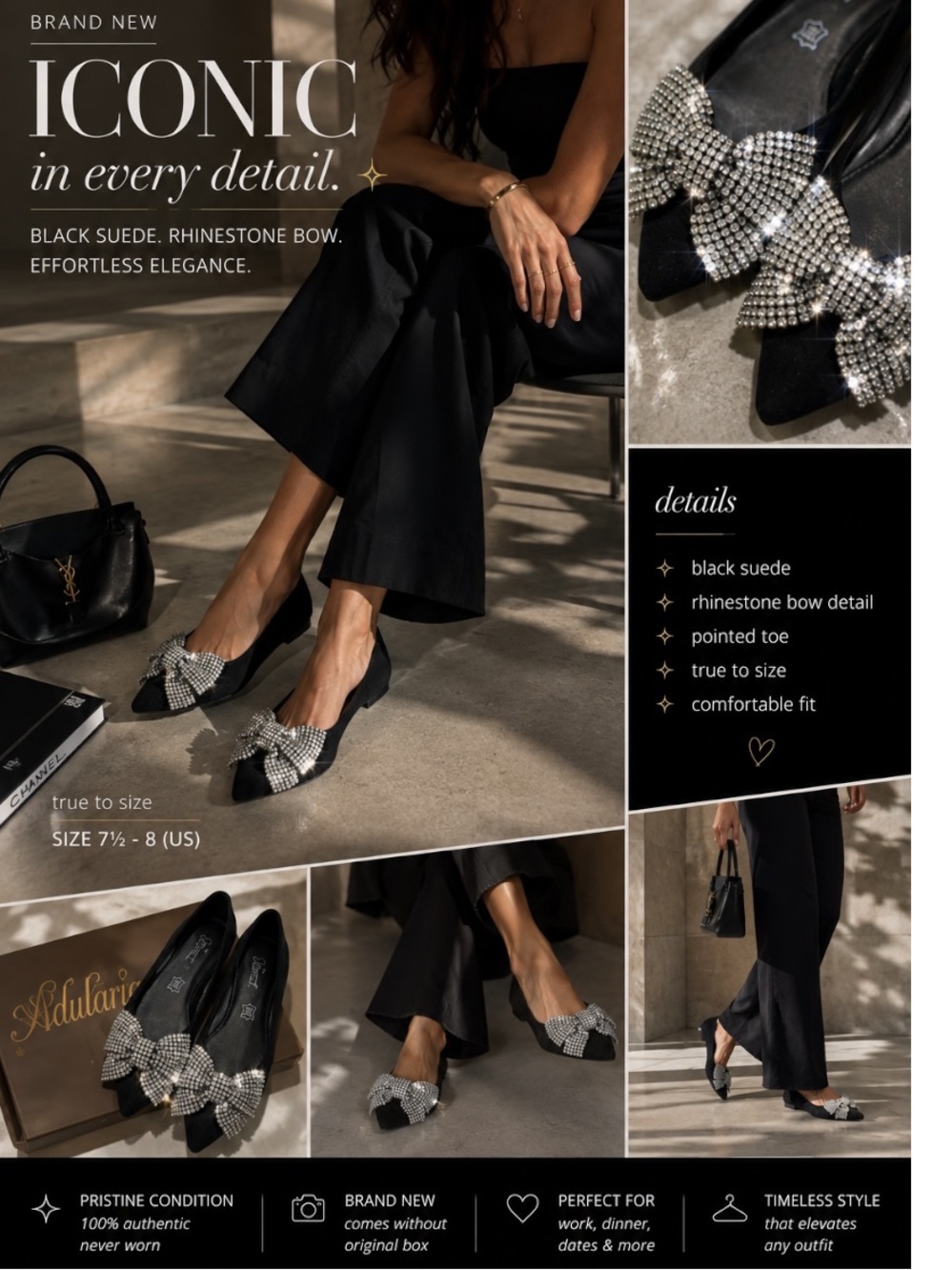 AZURA by Spring Step Adularia Black Suede Crystal Bow Flats size 7.5 - 8